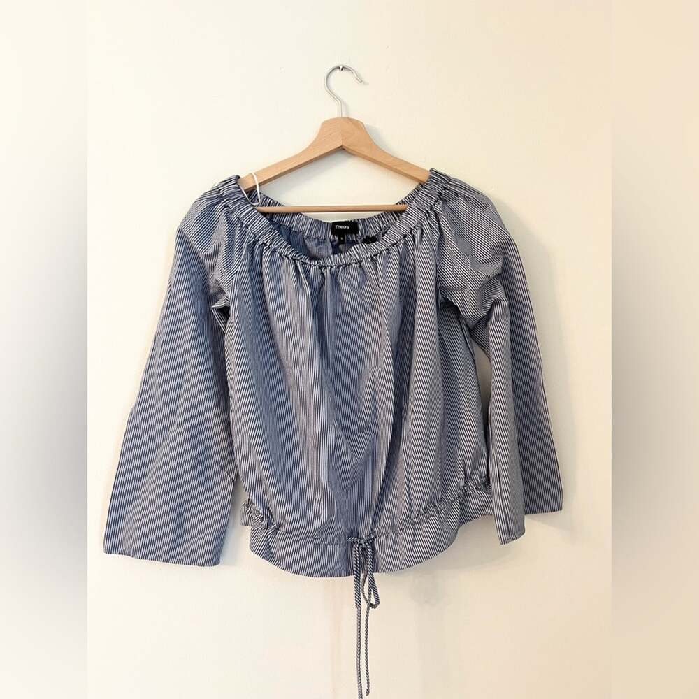 Theory Odettah Off Shoulder Seersucker blue and white striped blouse top fall